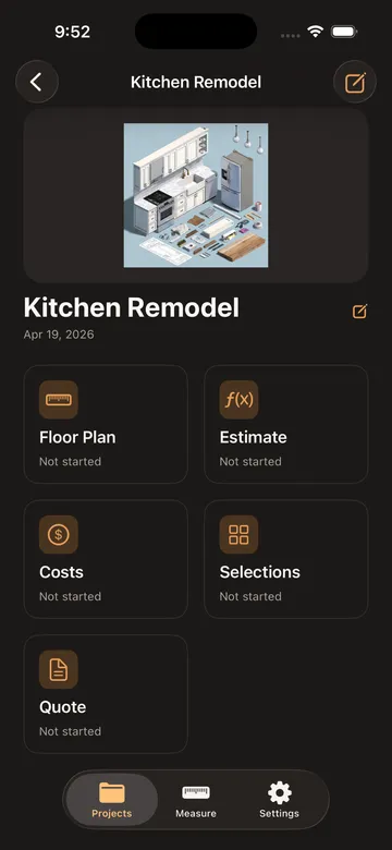 Renovio iOS project hub for a kitchen remodel: floor plan, estimate, costs, selections, and quote tools in one binder